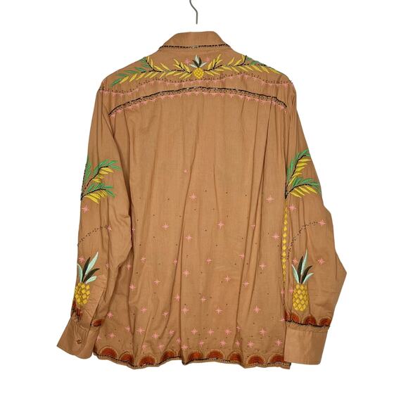 FARM RIO Mystic Embroidered + Beaded L/S Button-Up Shirt Peach/Tan Large - Picture 8 of 15